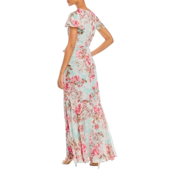 Eliza J Floral Chiffon Maxi Dress Blue Pink Wrap Style Flutter Sleeve Size 4 NWT - Picture 2 of 9